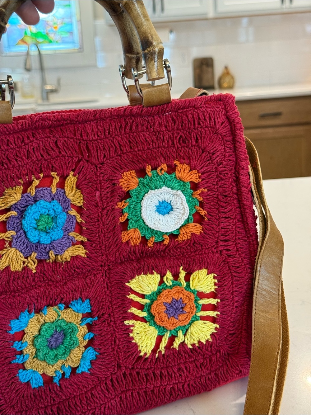 Fabulous MJ New York Crochet Granny Square Bamboo Handle Boho Bag